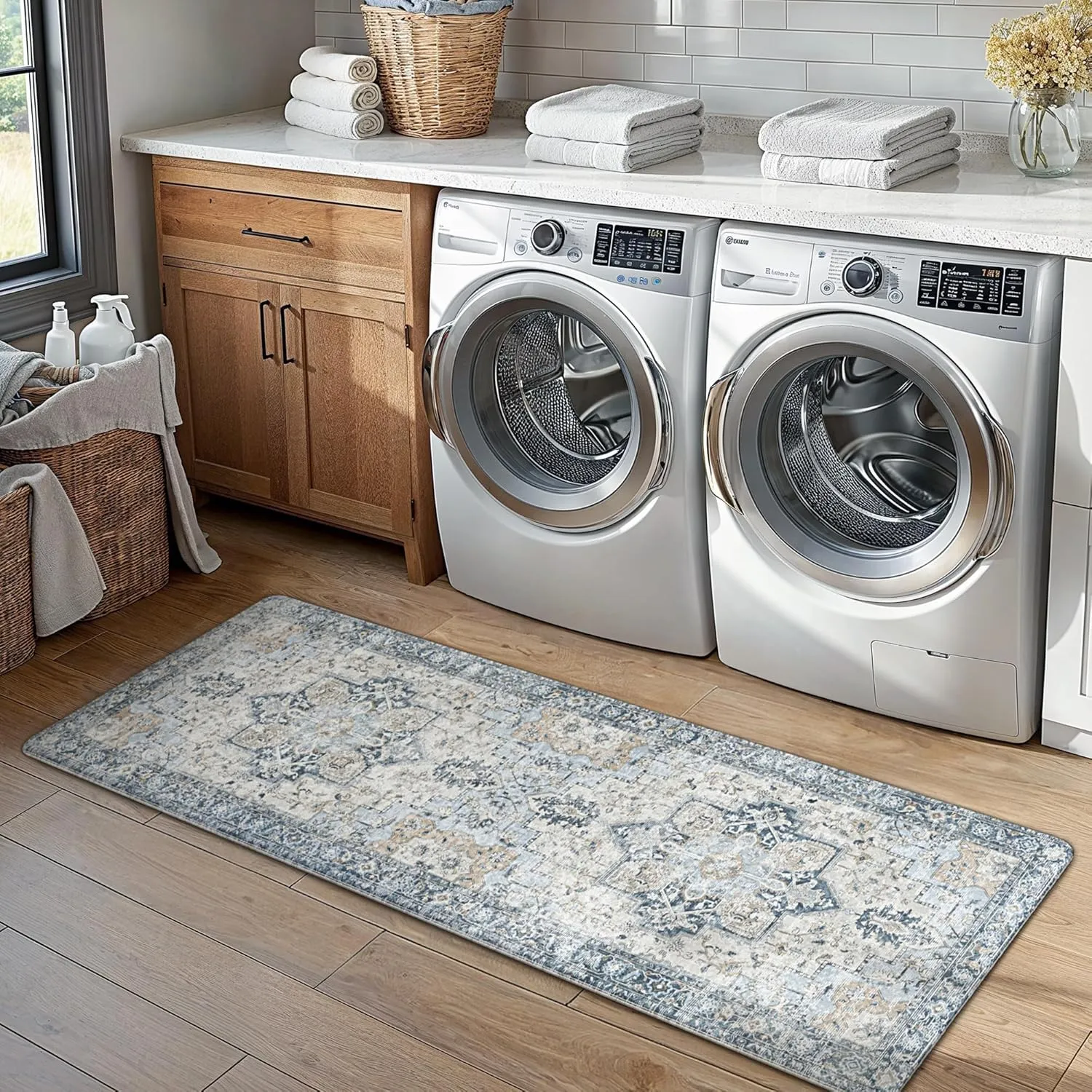 GENIMO Kitchen Mats for Floor 2PCs, Washable Anti Fatigue Mat for Cushioned, 17.3"x47" 17.3"x30", 0.4 inch, Waterproof Kitchen Rug, Non Slip Standing Mat for Home, Runner, Office, Laundry, Light Blue