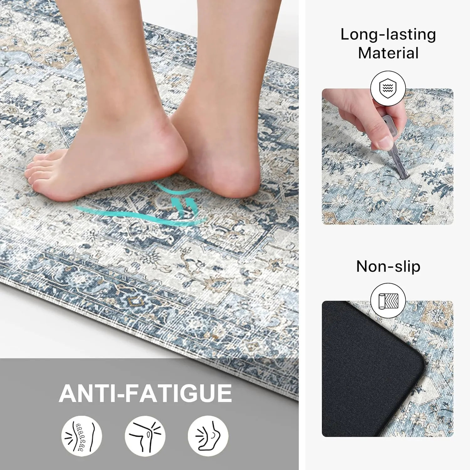 GENIMO Kitchen Mats for Floor 2PCs, Washable Anti Fatigue Mat for Cushioned, 17.3"x47" 17.3"x30", 0.4 inch, Waterproof Kitchen Rug, Non Slip Standing Mat for Home, Runner, Office, Laundry, Light Blue