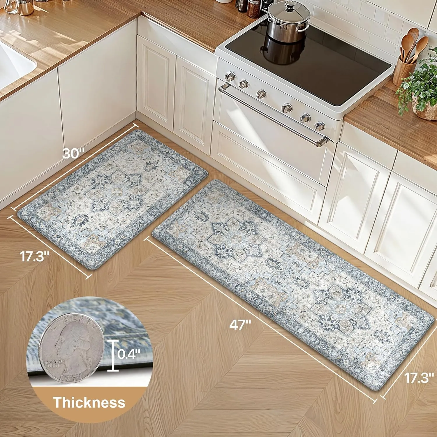 GENIMO Kitchen Mats for Floor 2PCs, Washable Anti Fatigue Mat for Cushioned, 17.3"x47" 17.3"x30", 0.4 inch, Waterproof Kitchen Rug, Non Slip Standing Mat for Home, Runner, Office, Laundry, Light Blue