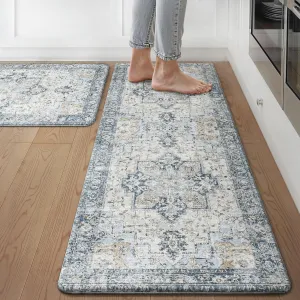 GENIMO Kitchen Mats for Floor 2PCs, Washable Anti Fatigue Mat for Cushioned, 17.3"x47" 17.3"x30", 0.4 inch, Waterproof Kitchen Rug, Non Slip Standing Mat for Home, Runner, Office, Laundry, Light Blue
