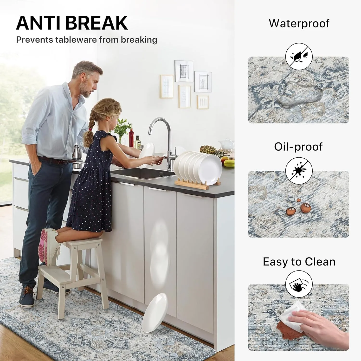 GENIMO Kitchen Mats for Floor 2PCs, Washable Anti Fatigue Mat for Cushioned, 17.3"x47" 17.3"x30", 0.4 inch, Waterproof Kitchen Rug, Non Slip Standing Mat for Home, Runner, Office, Laundry, Light Blue