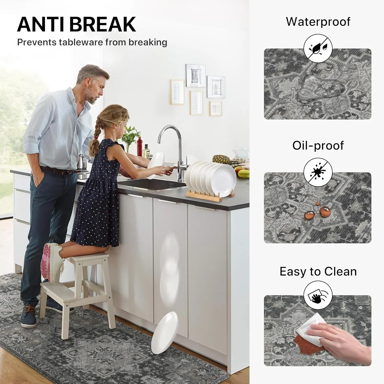 GENIMO Kitchen Mats for Floor 2PCs, Washable Anti Fatigue Mat for Cushioned, 17.3"x47" 17.3"x30", Waterproof Kitchen Rugs, Non Slip Comfort Standing Mat Rug for Home, Sink, Laundry, Dark Gray