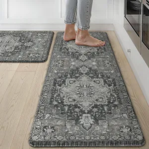 GENIMO Kitchen Mats for Floor 2PCs, Washable Anti Fatigue Mat for Cushioned, 17.3"x47" 17.3"x30", Waterproof Kitchen Rugs, Non Slip Comfort Standing Mat Rug for Home, Sink, Laundry, Dark Gray