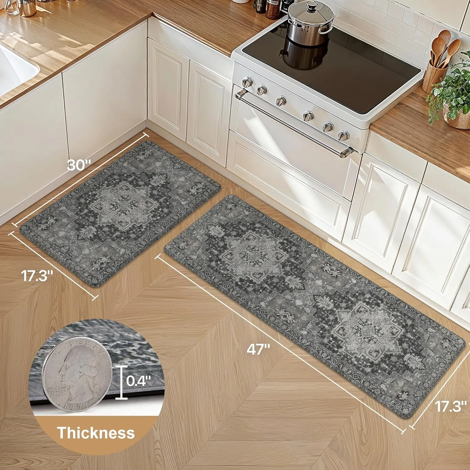 GENIMO Kitchen Mats for Floor 2PCs, Washable Anti Fatigue Mat for Cushioned, 17.3"x47" 17.3"x30", Waterproof Kitchen Rugs, Non Slip Comfort Standing Mat Rug for Home, Sink, Laundry, Dark Gray