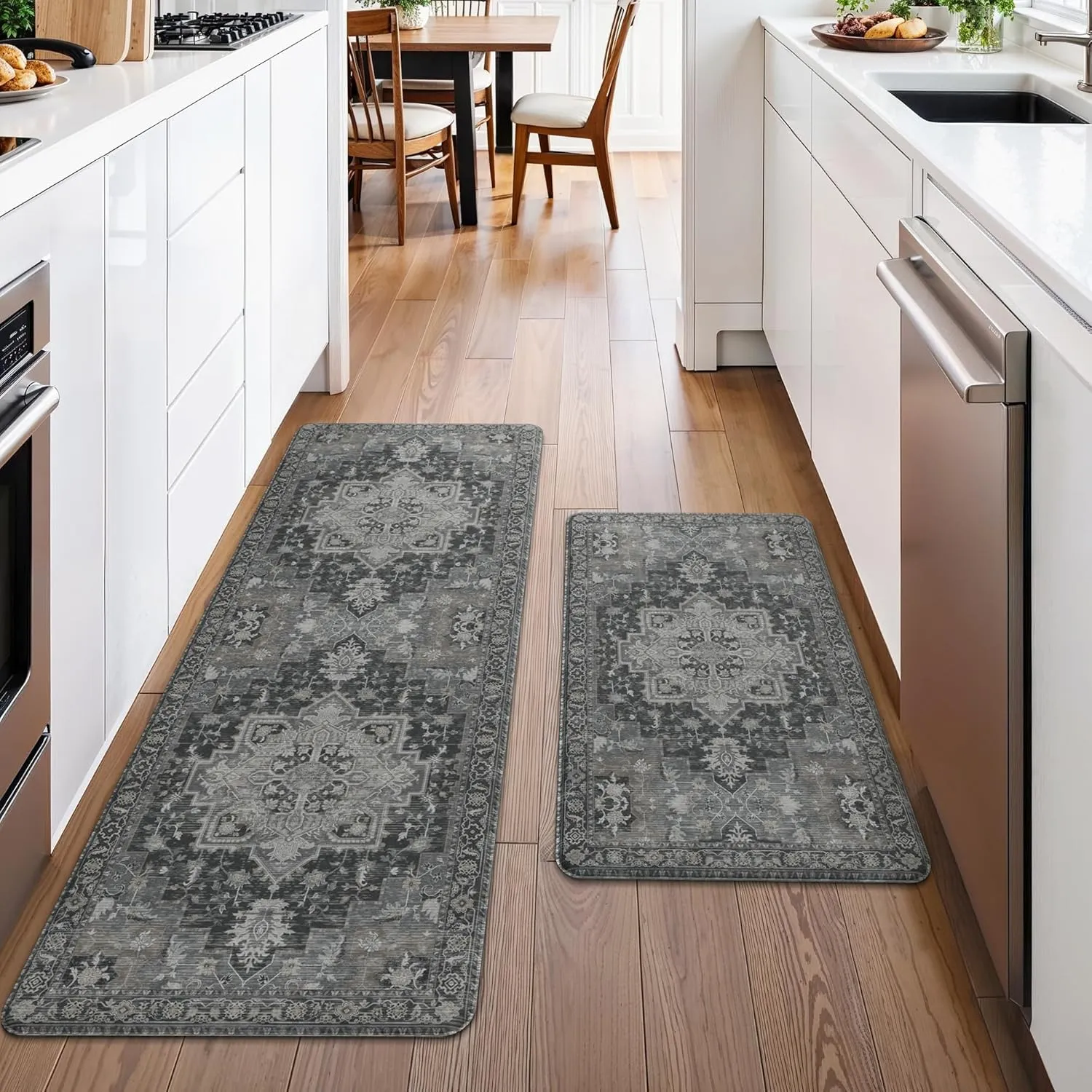 GENIMO Kitchen Mats for Floor 2PCs, Washable Anti Fatigue Mat for Cushioned, 17.3"x47" 17.3"x30", Waterproof Kitchen Rugs, Non Slip Comfort Standing Mat Rug for Home, Sink, Laundry, Dark Gray
