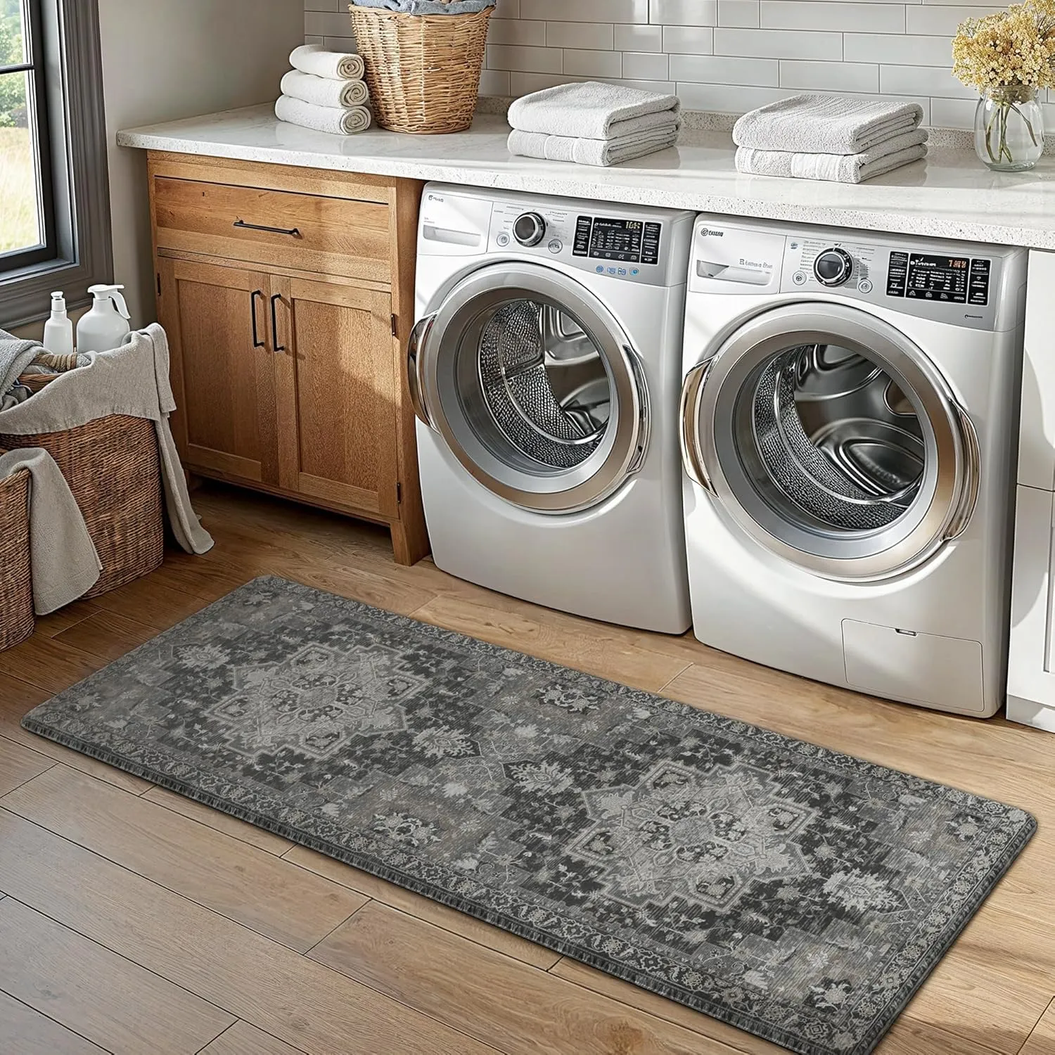 GENIMO Kitchen Mats for Floor 2PCs, Washable Anti Fatigue Mat for Cushioned, 17.3"x47" 17.3"x30", Waterproof Kitchen Rugs, Non Slip Comfort Standing Mat Rug for Home, Sink, Laundry, Dark Gray