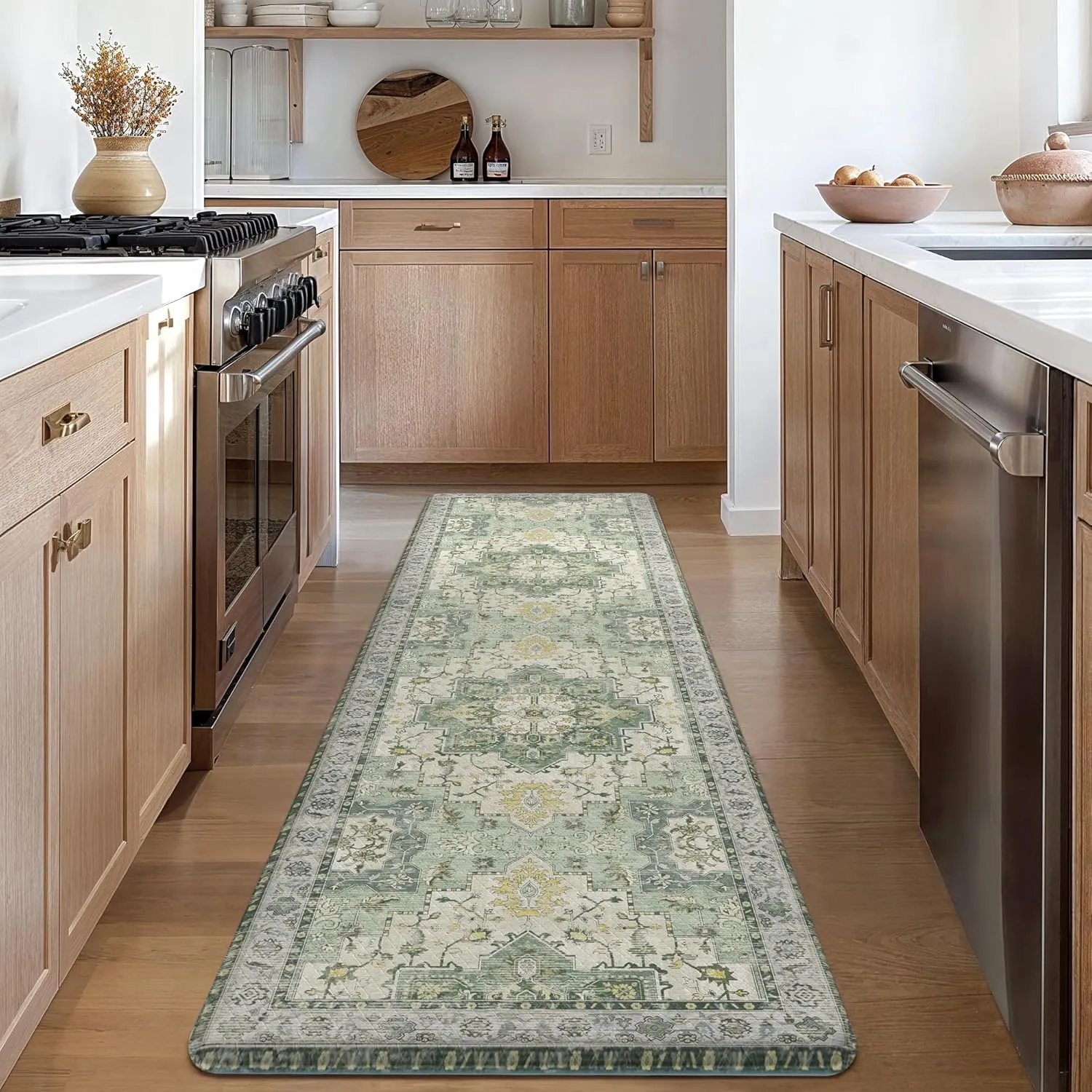 GENIMO Kitchen Mats for Floor, Washable Anti Fatigue Mat for Cushioned, 17.3"x59", Waterproof Kitchen Rugs, Non Slip Foam Comfort Standing Mat Rug for Home, Runner, Sink, Laundry, Light Green