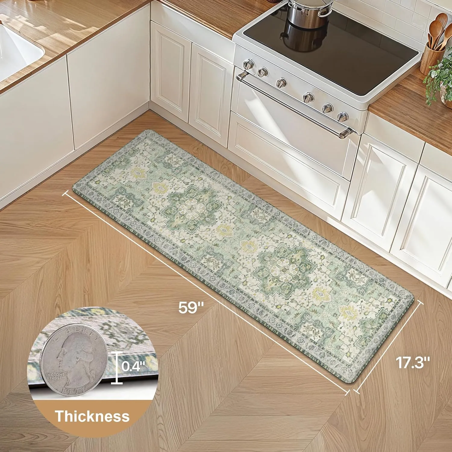 GENIMO Kitchen Mats for Floor, Washable Anti Fatigue Mat for Cushioned, 17.3"x59", Waterproof Kitchen Rugs, Non Slip Foam Comfort Standing Mat Rug for Home, Runner, Sink, Laundry, Light Green