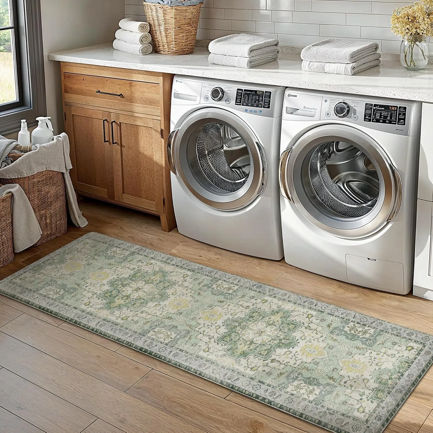 GENIMO Kitchen Mats for Floor, Washable Anti Fatigue Mat for Cushioned, 17.3"x59", Waterproof Kitchen Rugs, Non Slip Foam Comfort Standing Mat Rug for Home, Runner, Sink, Laundry, Light Green