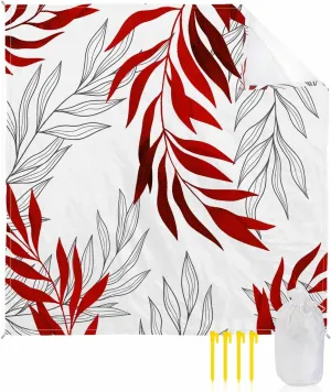 Geometric Leaves Beach Blanket Large with Stakes Waterproof Sandproof Beach Mat with Corner Pockets for Outdoor Travel Camping Hiking Picnic Essentials,Contemporary Minimalist Red Black Line 95"x80"