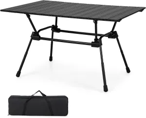 Giantex Folding Camping Table, Heavy-Duty Outdoor Folding Table w/Carry Bag, Roll-up Tabletop, 4-Level Adjustable Height, Lightweight & Portable Aluminum Camp Table for Picnic, Travel, BBQ (Dark)