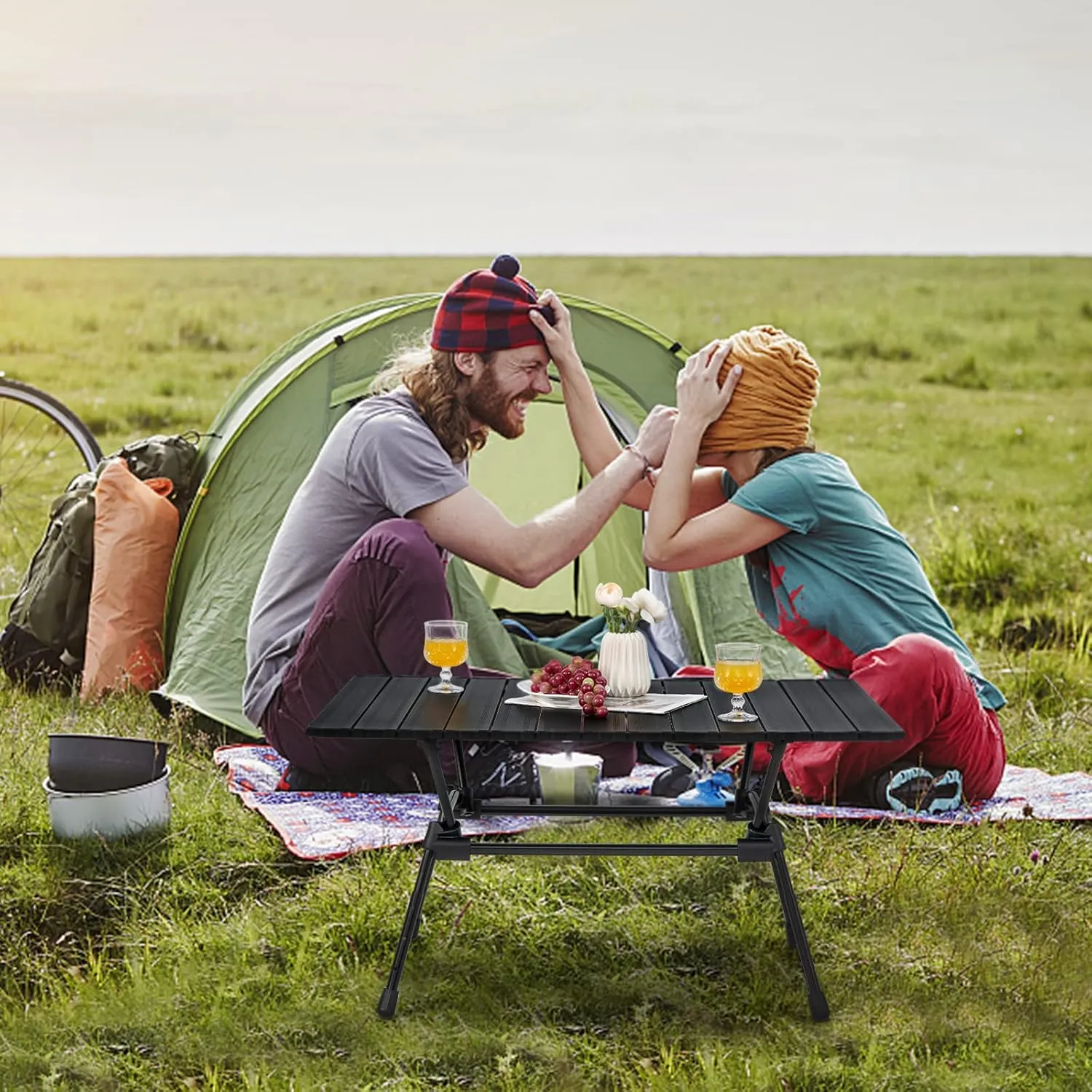 Giantex Folding Camping Table, Heavy-Duty Outdoor Folding Table w/Carry Bag, Roll-up Tabletop, 4-Level Adjustable Height, Lightweight & Portable Aluminum Camp Table for Picnic, Travel, BBQ (Dark)