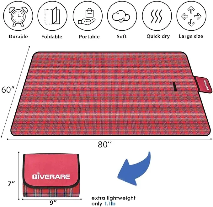 GIVERARE Picnic Beach Blanket, XL Sandfree Waterproof Outdoor Camping Blankets, Quick Drying Family Mat, Portable Extra Large Mats for Travel, Hiking, Music Festival, Lawn
