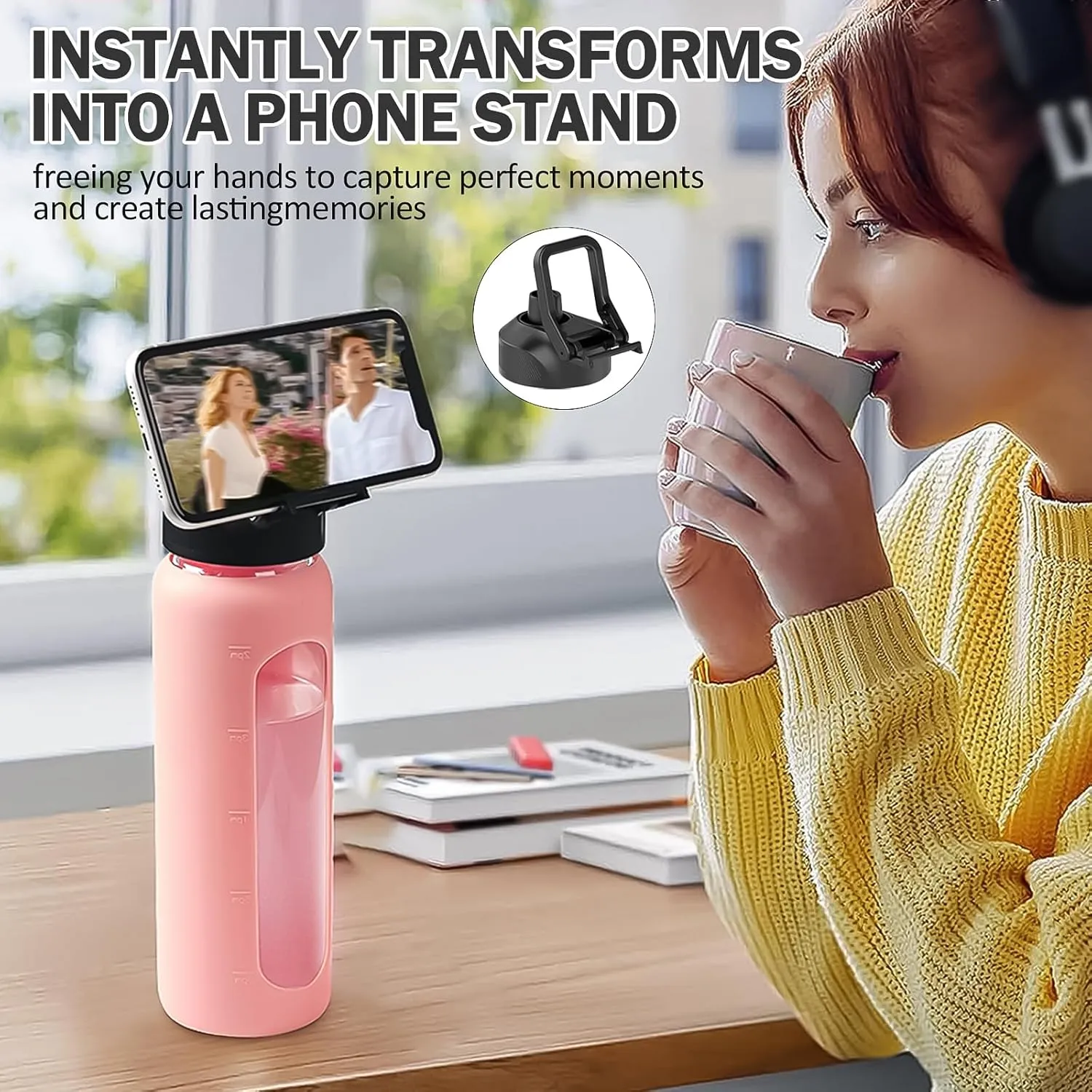 Glass Water Bottle with Straw, 24oz Glass Drinking Bottle with 2 Lids-Bamboo and Spout Lid with Phone Holder for Gym Sports,with Silicone Sleeve and Time Marker,Wide Mouth, BPA Free,Pink