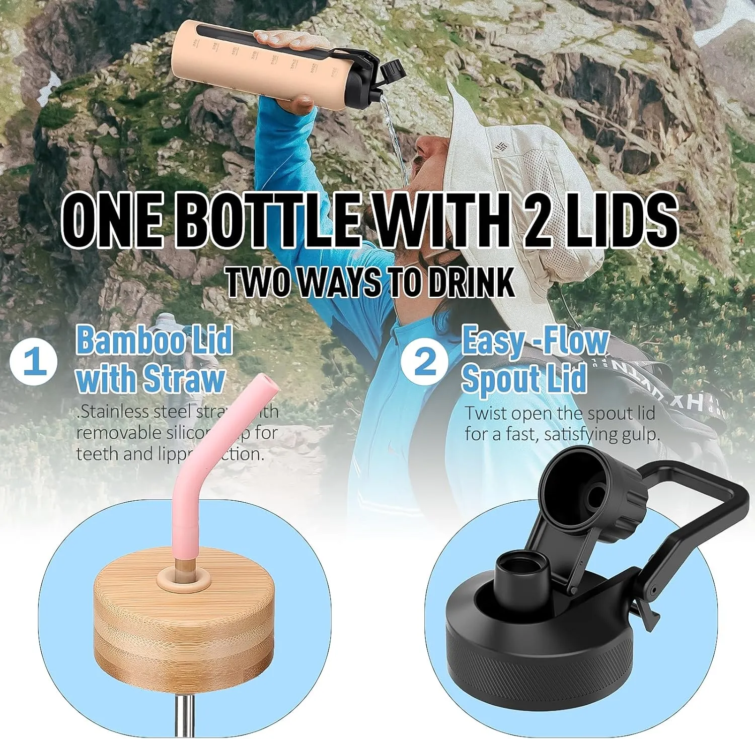 Glass Water Bottle with Straw, 24oz Glass Drinking Bottle with 2 Lids-Bamboo and Spout Lid with Phone Holder for Gym Sports,with Silicone Sleeve and Time Marker,Wide Mouth, BPA Free,Pink