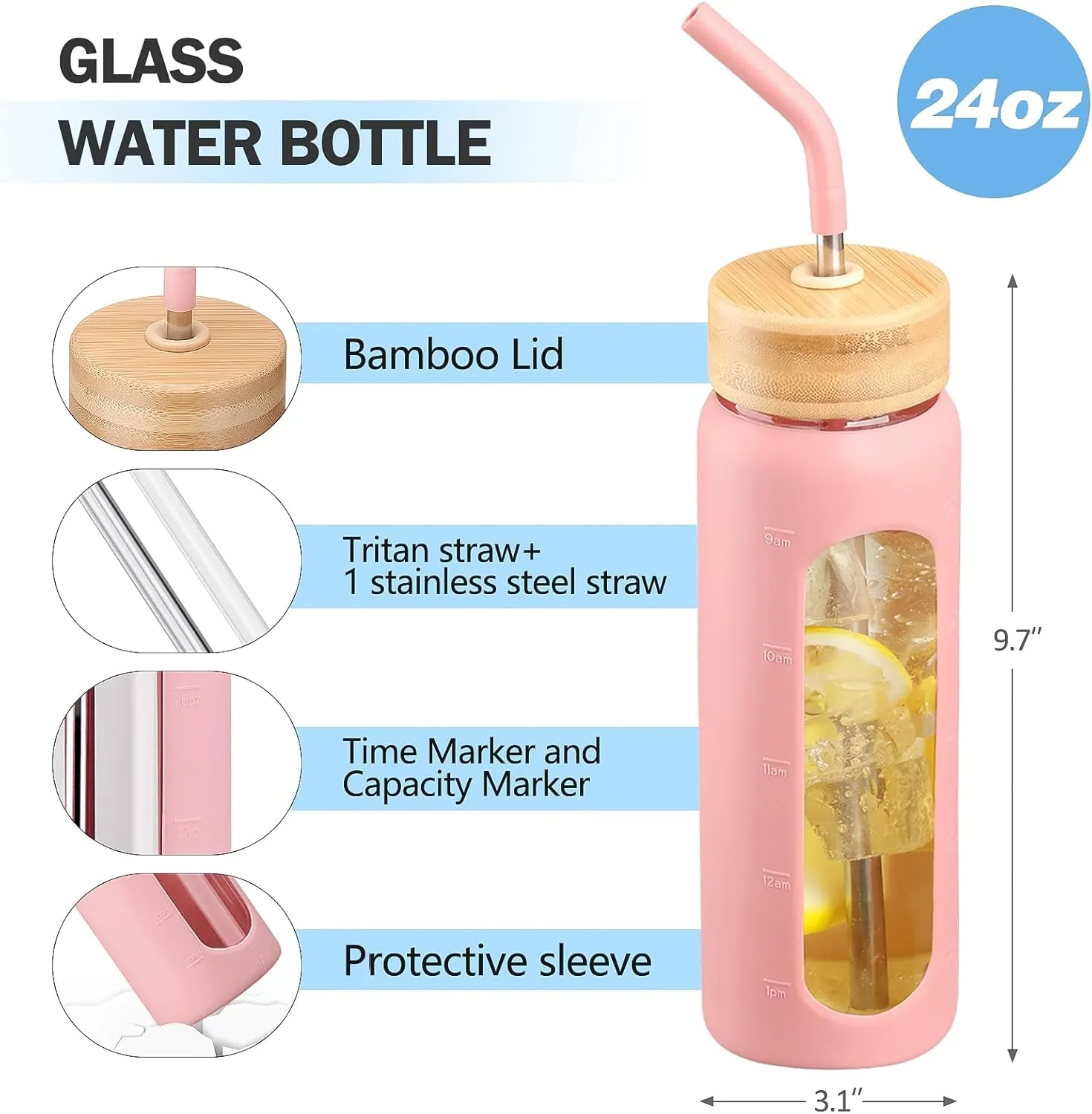 Glass Water Bottle with Straw, 24oz Glass Drinking Bottle with 2 Lids-Bamboo and Spout Lid with Phone Holder for Gym Sports,with Silicone Sleeve and Time Marker,Wide Mouth, BPA Free,Pink