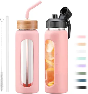 Glass Water Bottle with Straw, 24oz Glass Drinking Bottle with 2 Lids-Bamboo and Spout Lid with Phone Holder for Gym Sports,with Silicone Sleeve and Time Marker,Wide Mouth, BPA Free,Pink