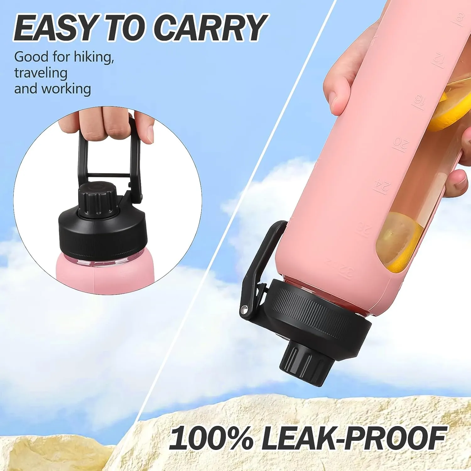 Glass Water Bottle with Straw, 24oz Glass Drinking Bottle with 2 Lids-Bamboo and Spout Lid with Phone Holder for Gym Sports,with Silicone Sleeve and Time Marker,Wide Mouth, BPA Free,Pink