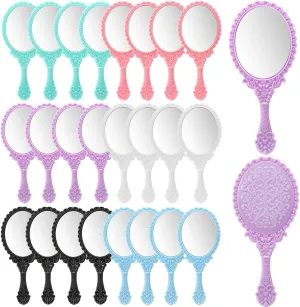 Goaste 24 Pack Vintage Handheld Mirror, Portable Embossed Flower Mirror, Hand Held Decorative Mirrors for Face Makeup, Travel, Camping, Home, Assorted Colors, 7"×3"