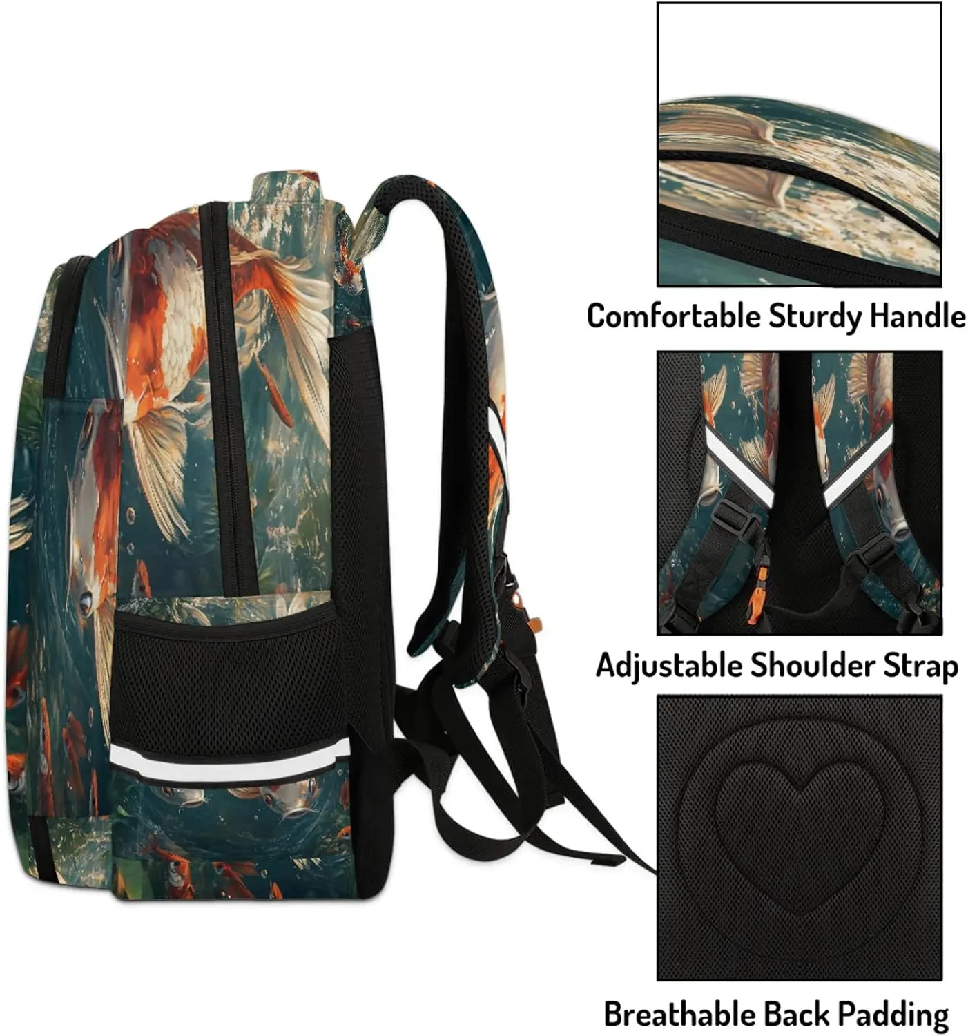 Gold fish Pattern Travel Backpack Waterproof Laptop Shoulder Bag with Adjustable Strap Casual Hiking Gym Travel Daypack