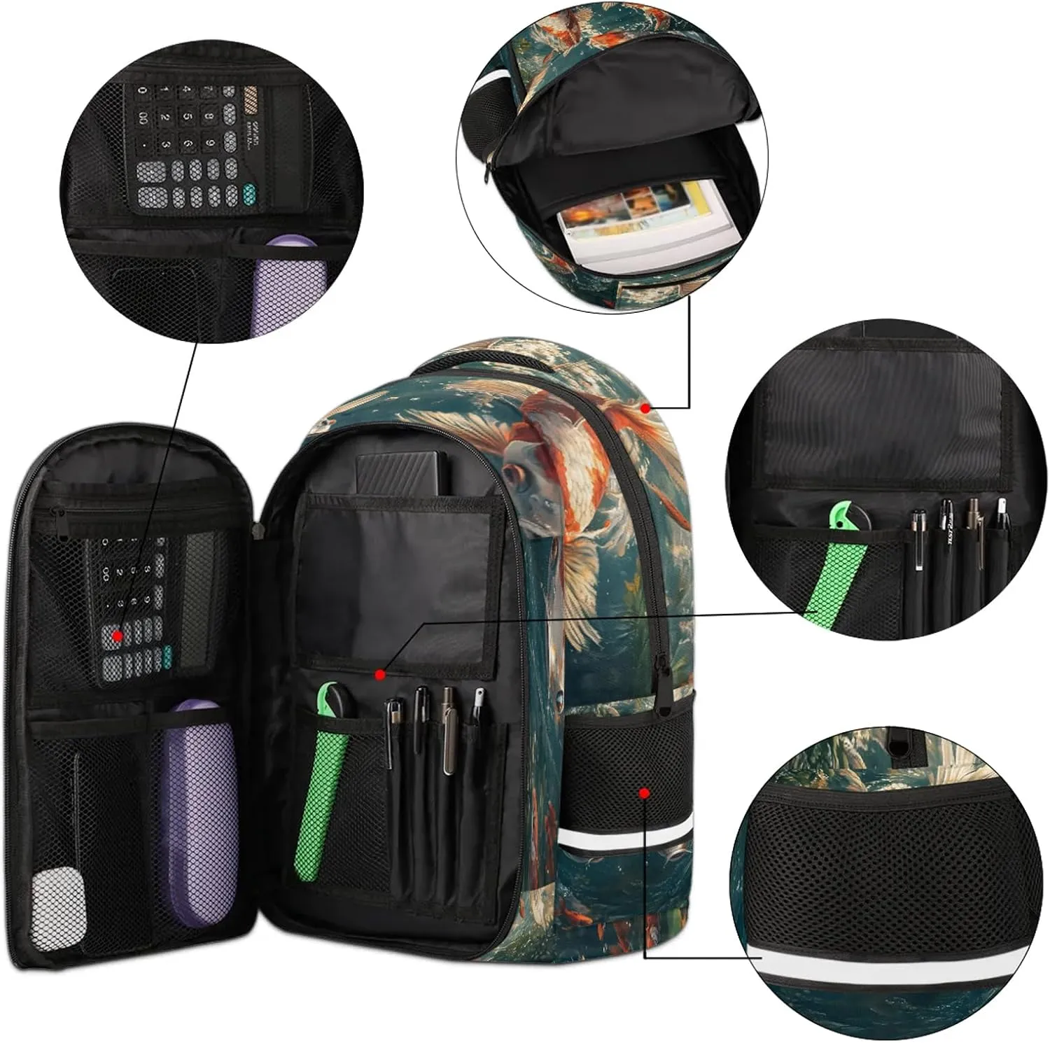 Gold fish Pattern Travel Backpack Waterproof Laptop Shoulder Bag with Adjustable Strap Casual Hiking Gym Travel Daypack