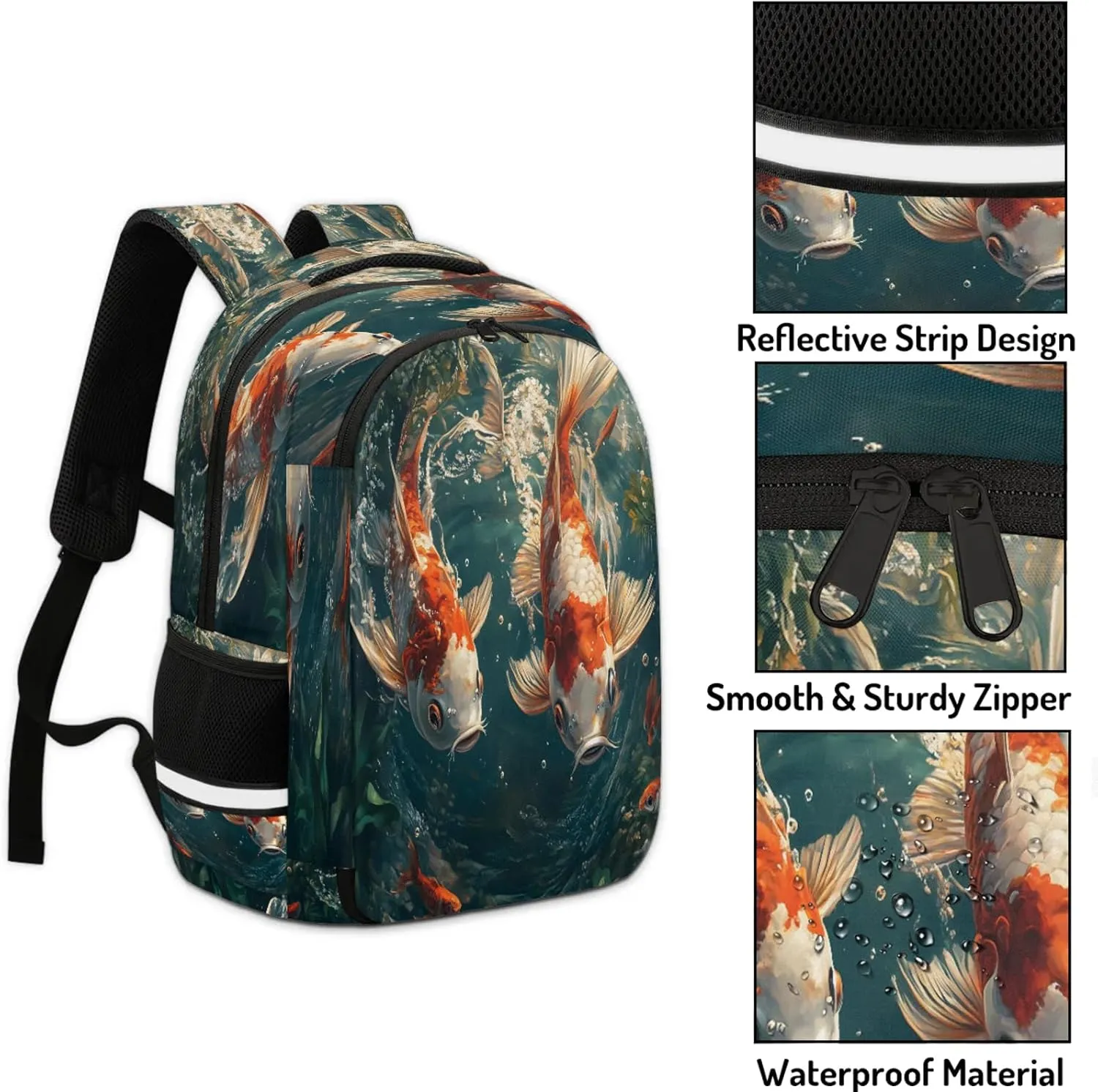 Gold fish Pattern Travel Backpack Waterproof Laptop Shoulder Bag with Adjustable Strap Casual Hiking Gym Travel Daypack