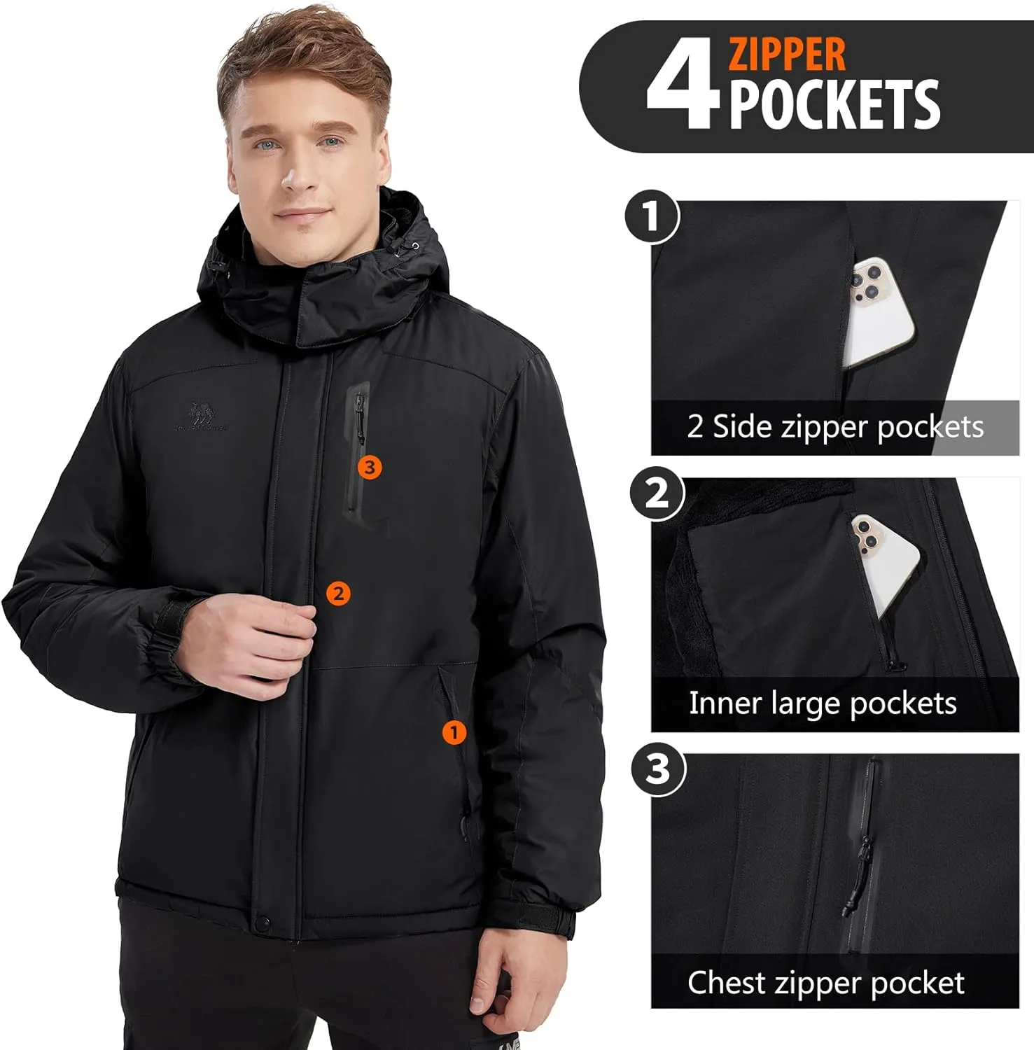 GOLDEN CAMEL Men's Winter Jacket Windproof Ski Snow Jacket Waterproof Thicken Parka Rain Jacket Warm Puffer Coat