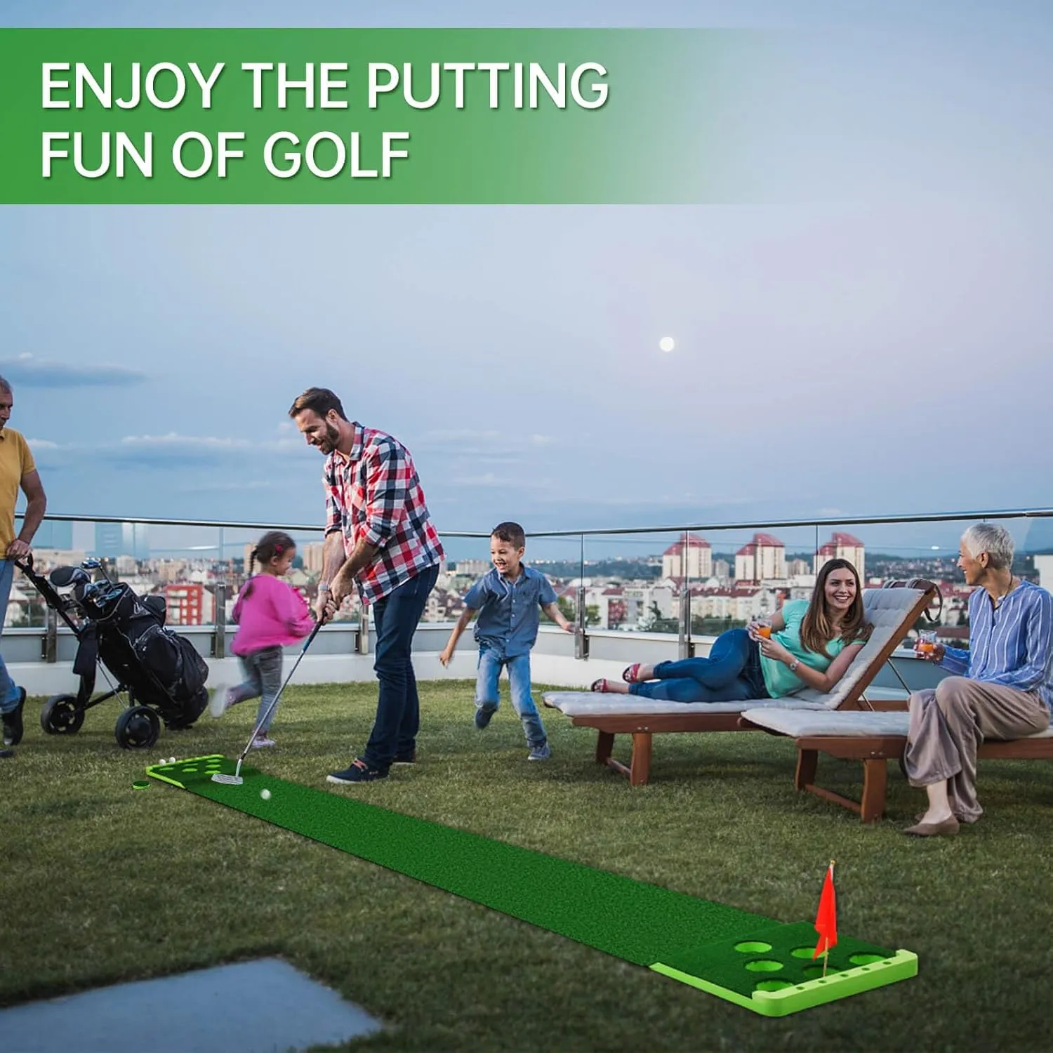 Golf Pong Putting Game Set with Front Border for Indoor & Outdoor, Golf Putting Green Mat Includes 4 Balls,1 Portable Bag,2 Flags and Cups, Practice Training Aid for Backyard, Party, Office