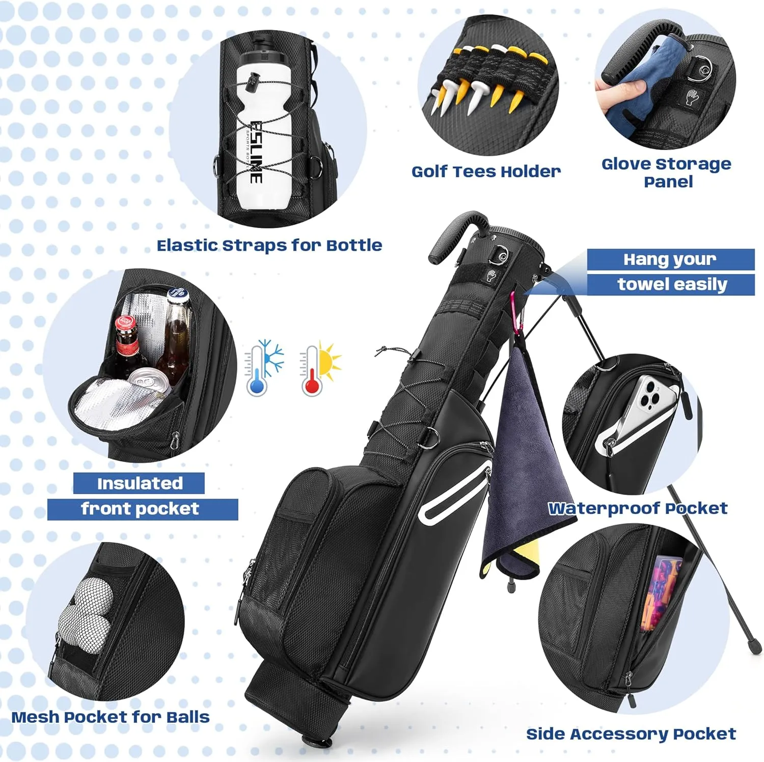 Golf Stand Bag Fit Up to 7 Clubs, Compact Design for Par 3 Courses and Driving Range, Lightweight Pitch and Putt Golf Bag, with Padded Ergonomic Double Straps, Rain Cover, Accessory Pockets