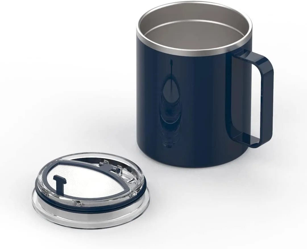 GoodBrew Camp Mug - Stainless Steel Insulated Mug with Strainer Lid | Double Wall | Comfortable Grip Handle | Perfect for Commuting, Camping or Traveling (12oz, 2 Pack) (Indigo)