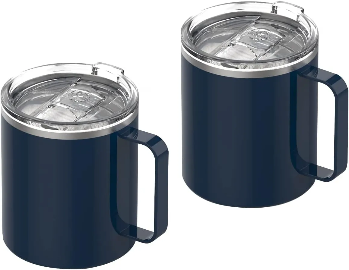 GoodBrew Camp Mug - Stainless Steel Insulated Mug with Strainer Lid | Double Wall | Comfortable Grip Handle | Perfect for Commuting, Camping or Traveling (12oz, 2 Pack) (Indigo)