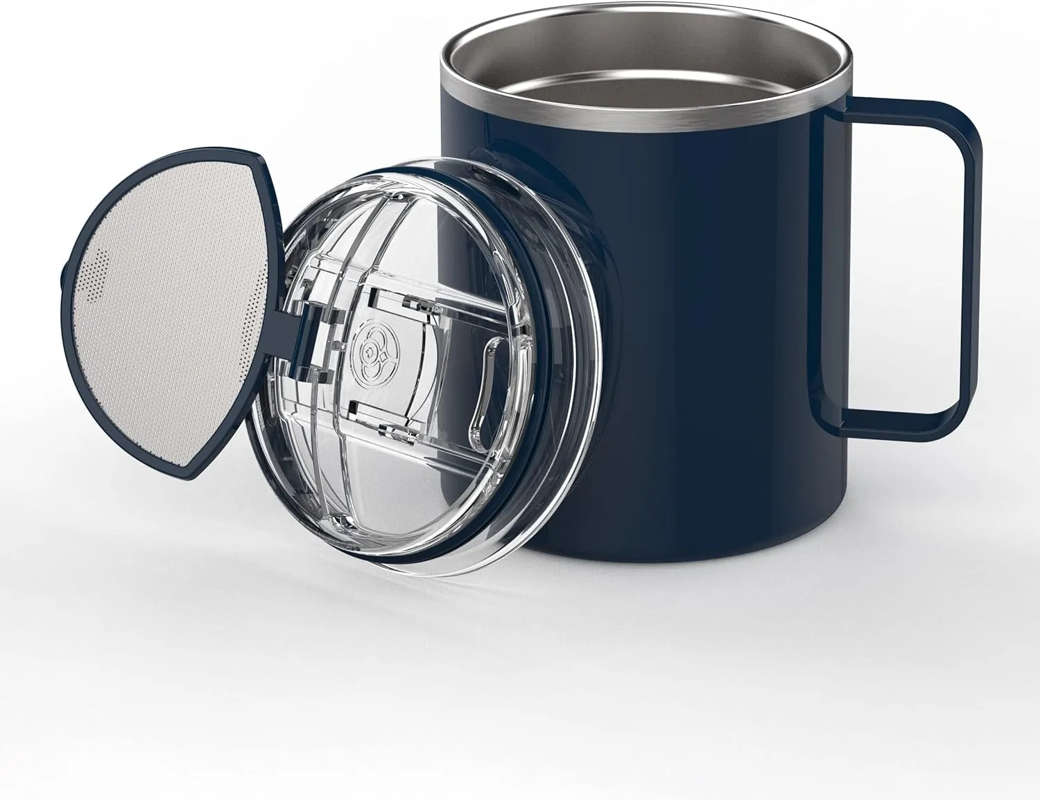 GoodBrew Camp Mug - Stainless Steel Insulated Mug with Strainer Lid | Double Wall | Comfortable Grip Handle | Perfect for Commuting, Camping or Traveling (12oz, 2 Pack) (Indigo)