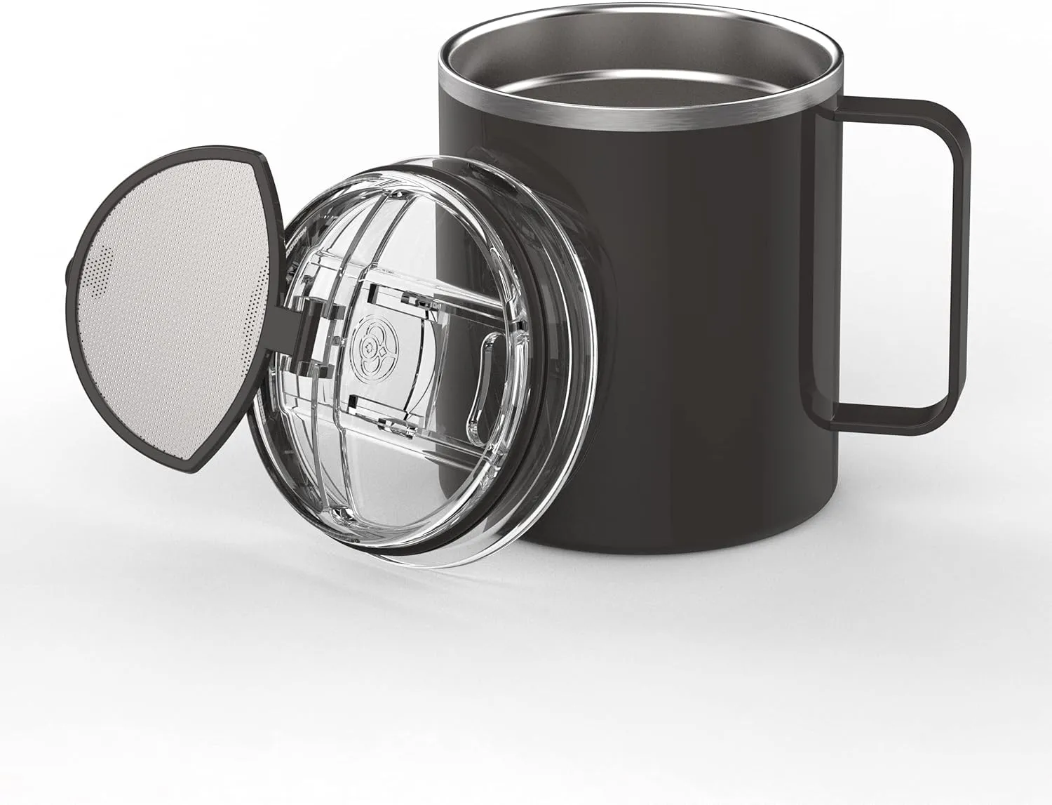 GoodBrew Camp Mug - Stainless Steel Insulated Mug with Strainer Lid | Double Wall | Comfortable Grip Handle | Perfect for Commuting, Camping or Traveling (12oz, 2 Pack) (Long Black)