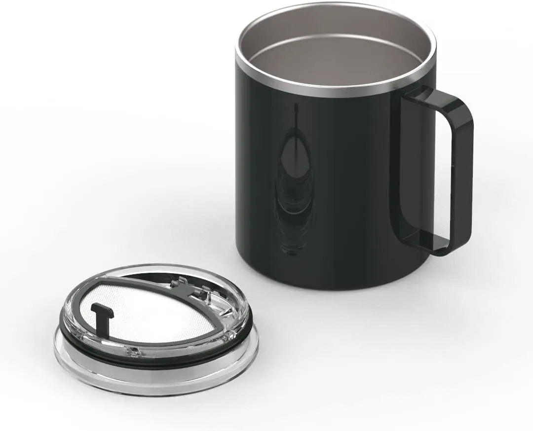 GoodBrew Camp Mug - Stainless Steel Insulated Mug with Strainer Lid | Double Wall | Comfortable Grip Handle | Perfect for Commuting, Camping or Traveling (12oz, 2 Pack) (Long Black)