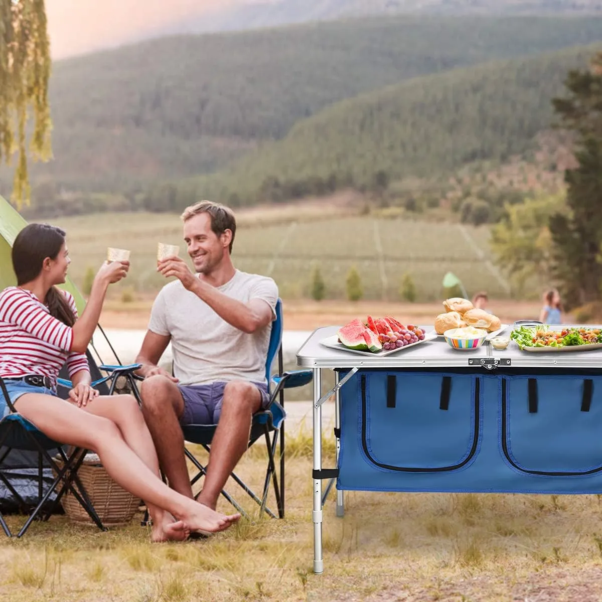 Goplus Folding Camping Table with Storage, Aluminum Outdoor Camp Table with 2-Level Adjustable Height, Lightweight Portable Foldable Picnic Table for Tailgating Beach BBQ Party RV