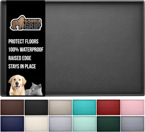GORILLA GRIP 100% Waterproof Raised Edge BPA Free Silicone Pet Feeding Mat, Dog Cat Food Mats Contain Spills Protects Floors, Placemats for Cats and Dogs Water Bowl, Pets Accessories 23x15 Charcoal