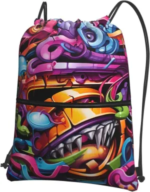 graffiti hip hop Printing Quality Drawstring zipper Backpack Suitable for outdoor leisure 15.3 X 18in (L X H), Black, One Size