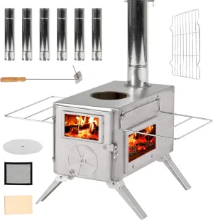 GRAVFORCE Camping Wood Stove, Outdoor Tent Stove, Portable Wood Burning Stove with Chimney Pipes, Stainless Steel Tent Heater for Camping, Heating and Cooking