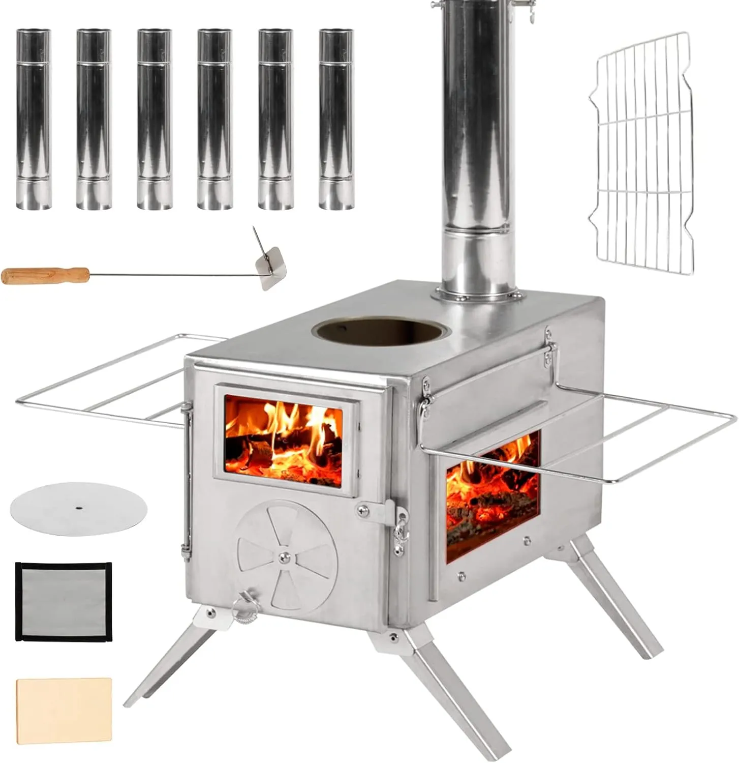 GRAVFORCE Camping Wood Stove, Outdoor Tent Stove, Portable Wood Burning Stove with Chimney Pipes, Stainless Steel Tent Heater for Camping, Heating and Cooking
