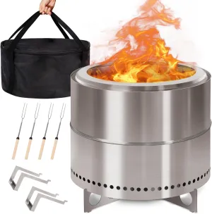 GREENVINES Smokeless-Firepit | 19-Inch | Stainless-Steel-Fire-Pit | Portable Outdoor Pits with Stand for Camping | Solo Wood Burning Bonfire | Low Smoke Stove | Bag & Sticks & Holders