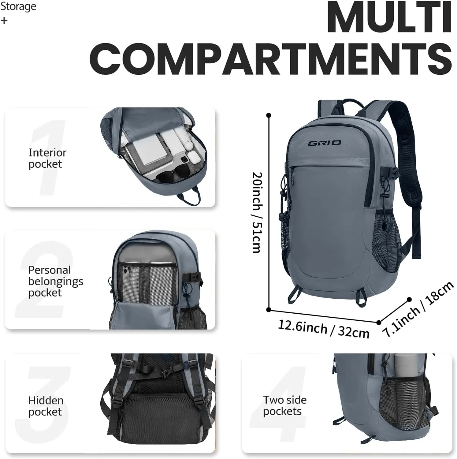 GRIO 40L Lightweight Hiking Backpack for Men and Women, Packable Backpack for Travel Outdoor Sports Camping (grey)
