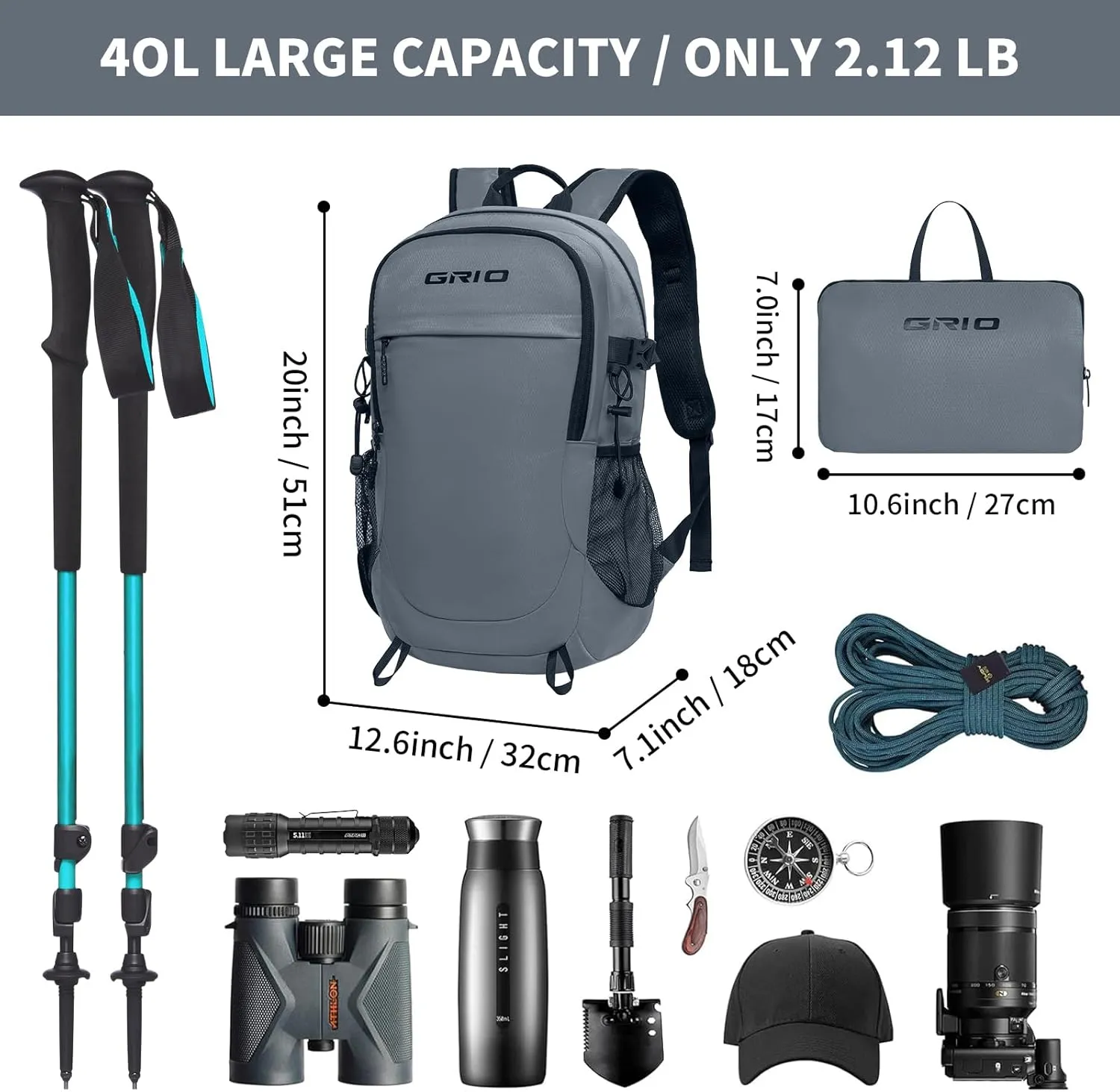 GRIO 40L Lightweight Hiking Backpack for Men and Women, Packable Backpack for Travel Outdoor Sports Camping (grey)