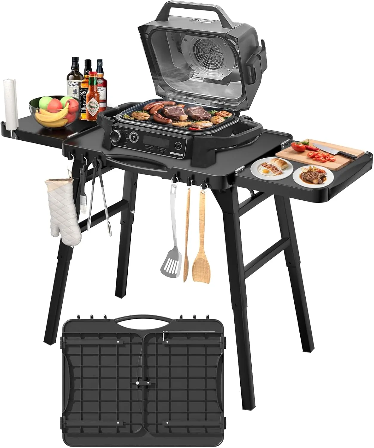 GRISUN Portable Grill Cart for Ninja Woodfire Outdoor Grill, OG700 OG800 OG900 Series, Folding Outdoor Grill Table, Grill Stand for Ninja, Blackstone Griddle,Onni Pizza Oven,3 Adjustable Height