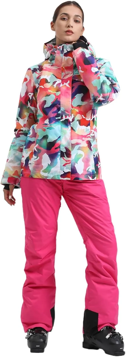 GSOU SNOW Women's Ski Jackets and Pants Set Snowboarding Snowsuit Snow Coat Hooded Waterproof Windproof