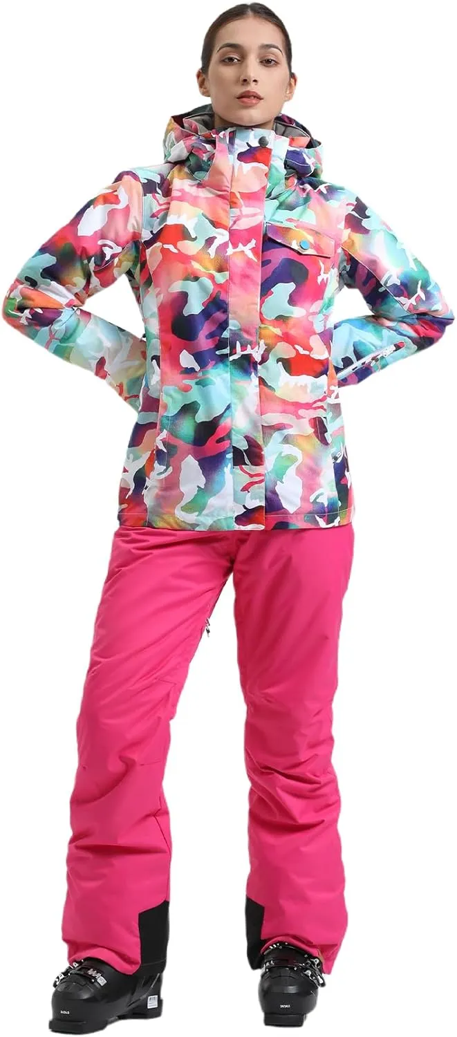 GSOU SNOW Women's Ski Jackets and Pants Set Snowboarding Snowsuit Snow Coat Hooded Waterproof Windproof