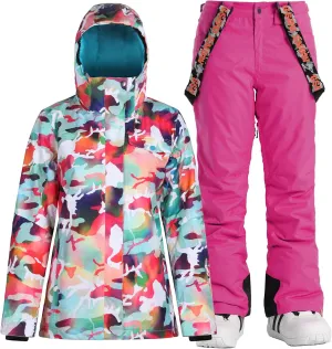 GSOU SNOW Women's Ski Jackets and Pants Set Snowboarding Snowsuit Snow Coat Hooded Waterproof Windproof