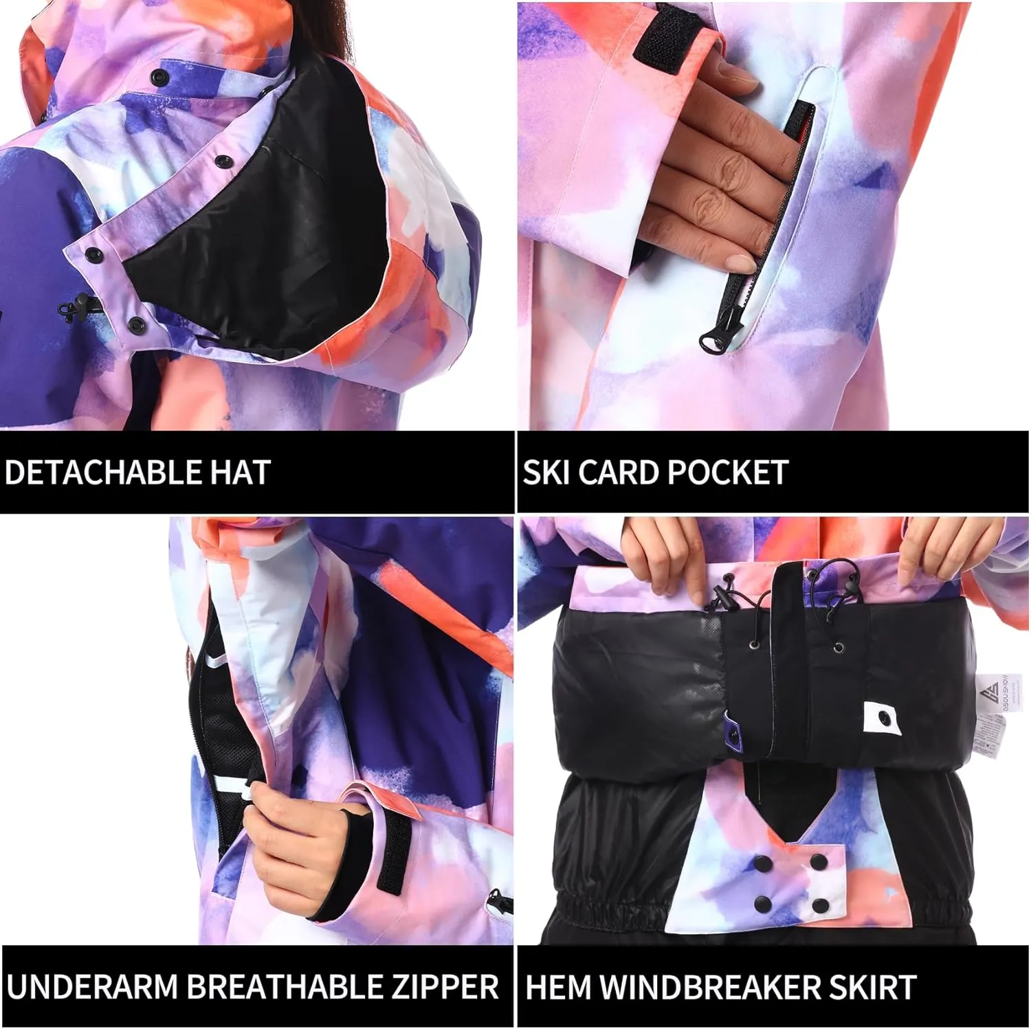 GSOU SNOW Women's Ski Jackets and Pants Set Snowboarding Snowsuit Snow Coat Hooded Waterproof Windproof