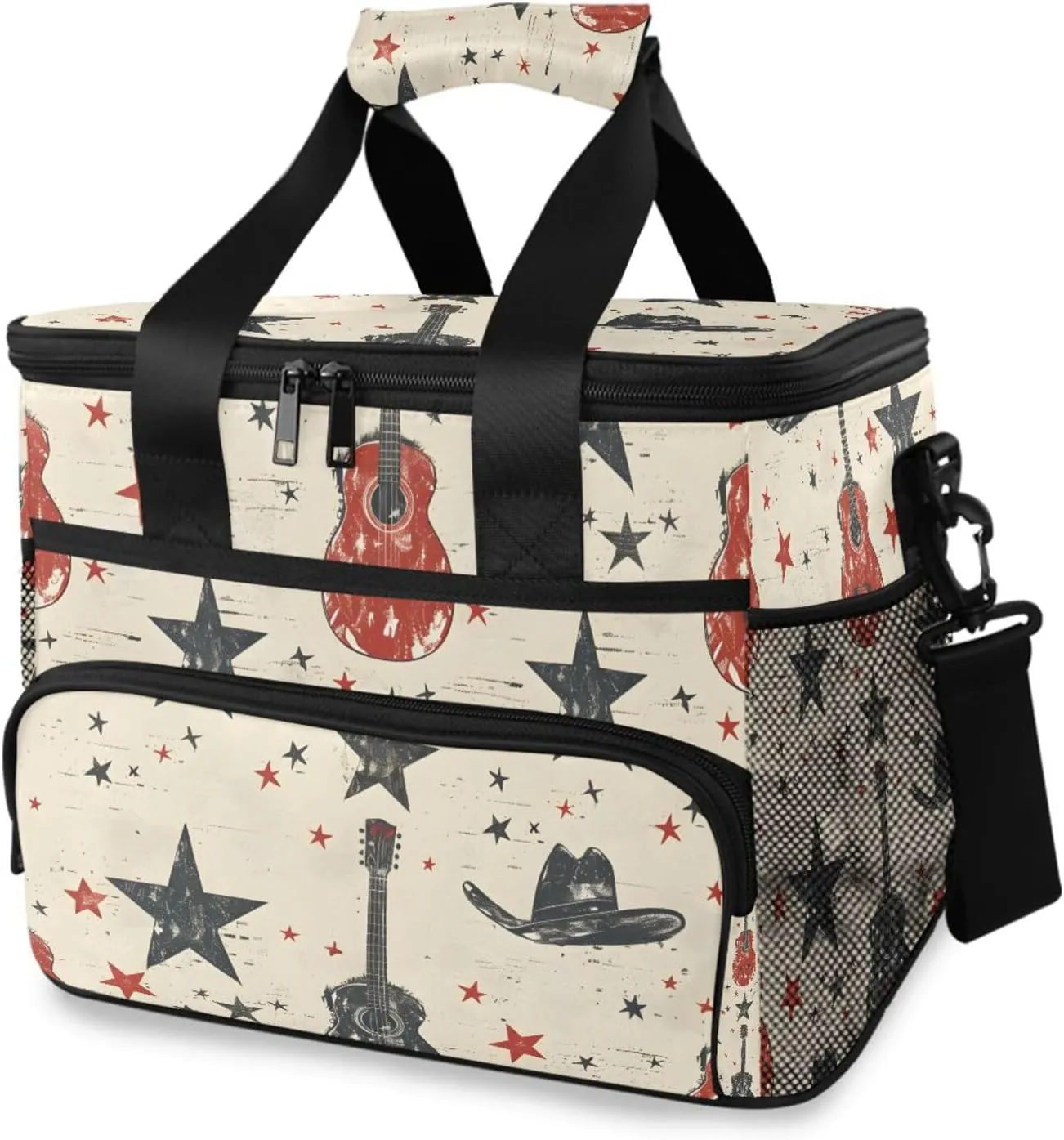 Guitar Star Retro Music Doodle Cooler Bag Insulated Cooler Soft Sided Cooler 24 Can Portable Picnic Bag Large Leakproof Lunch Bag Box for Beach Grocery Camping Travel Car Men Women
