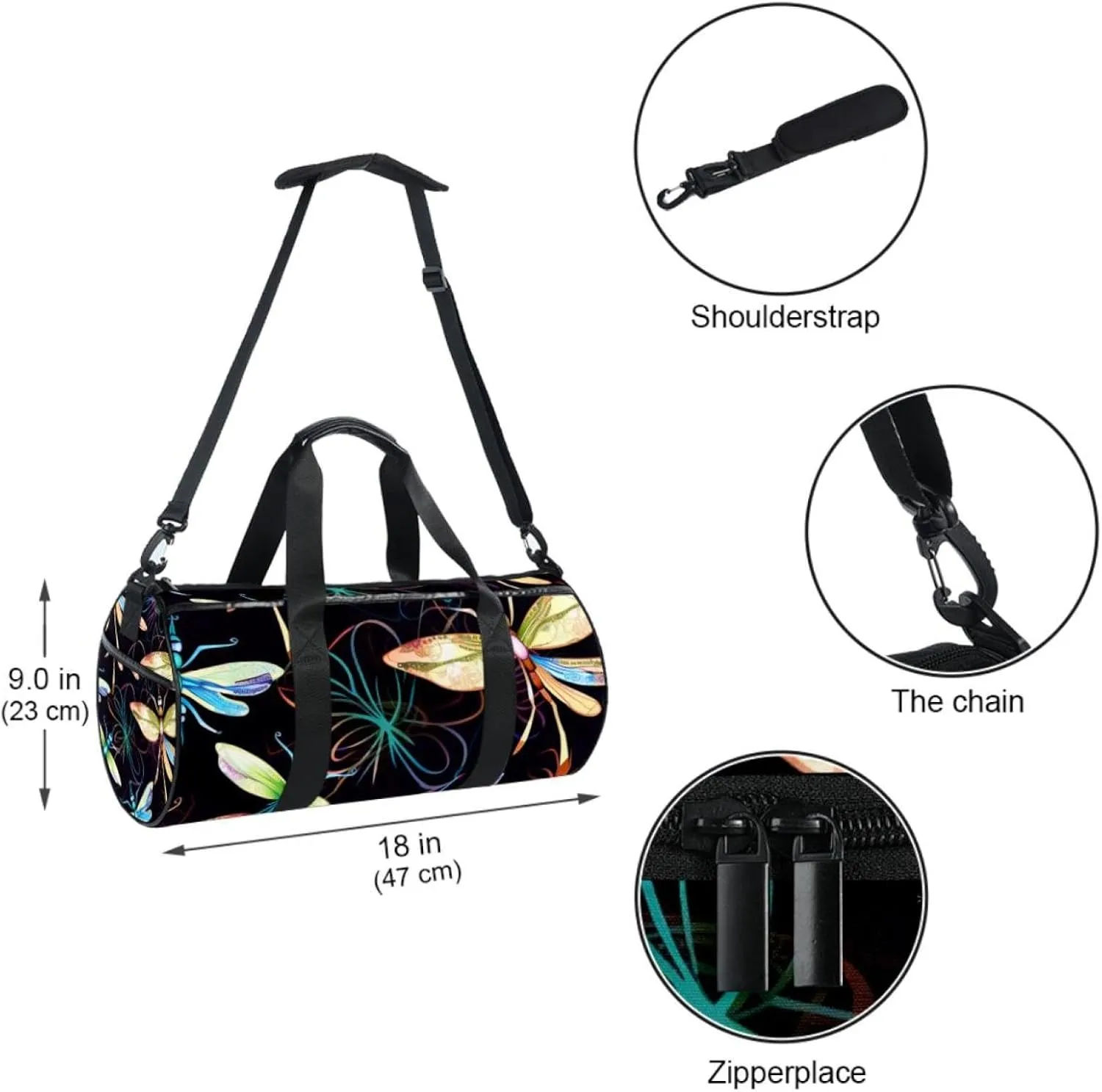 Gym Bag for Women,Small Gym Bag for Men,Dragonfly and Flower,Overnight Bag