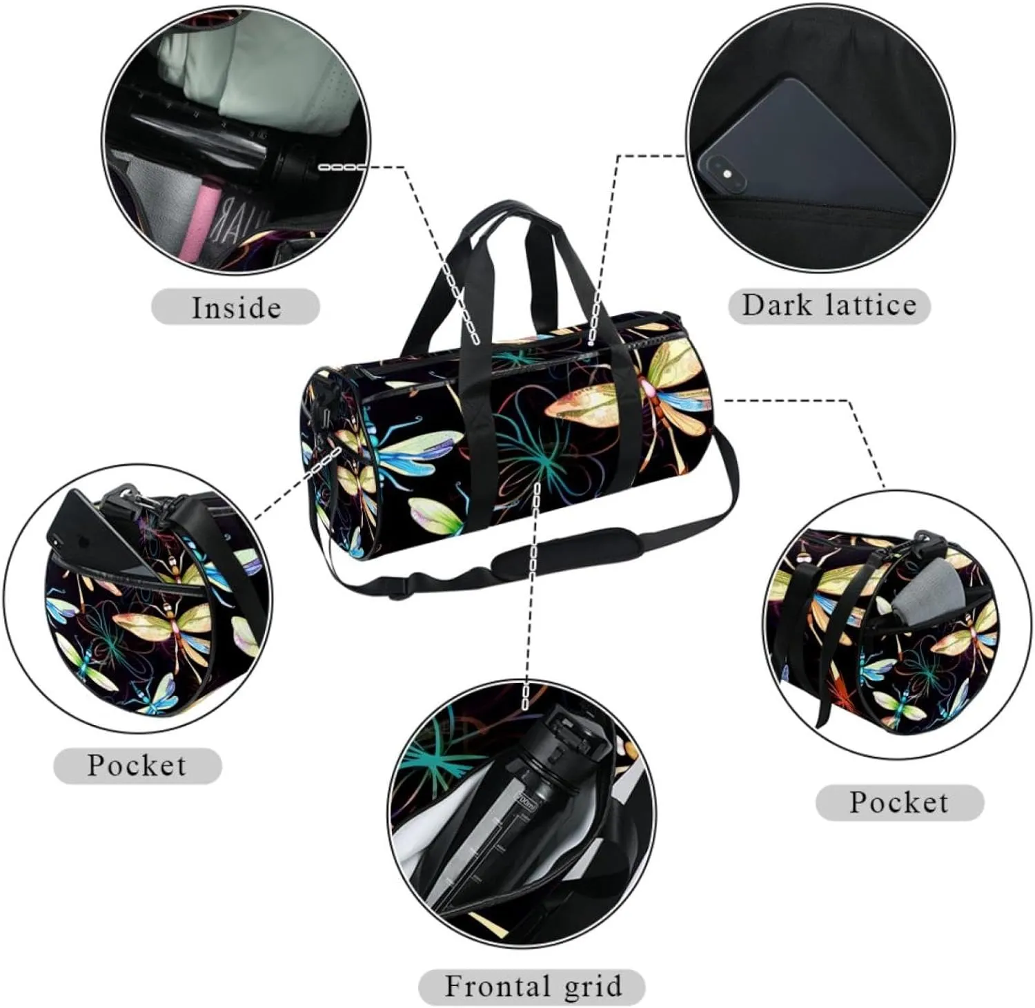 Gym Bag for Women,Small Gym Bag for Men,Dragonfly and Flower,Overnight Bag